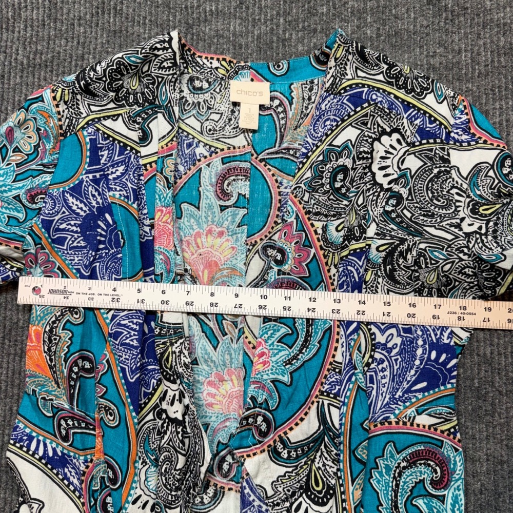Chico's Paisley Linen Open Front Cardigan Size 8 Boho‎ Drape Lightweight Top - Picture 4 of 10
